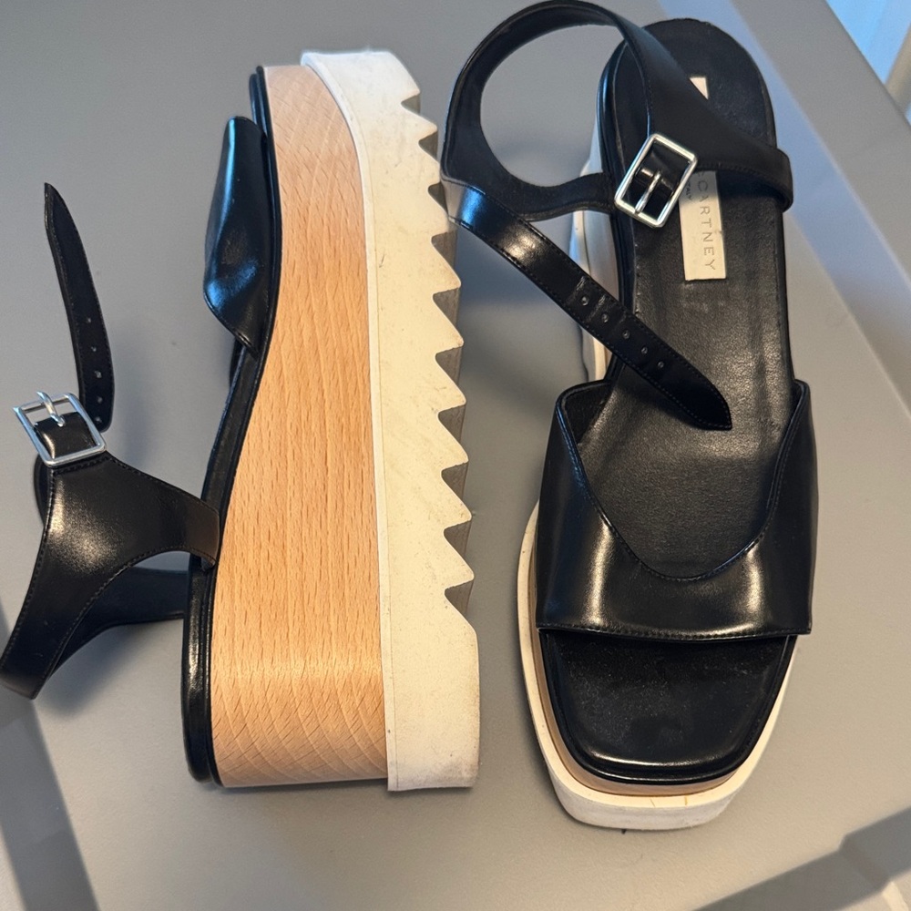 Stella McCartney Black Leather Platform Sandals with Wood-Effect Wedge